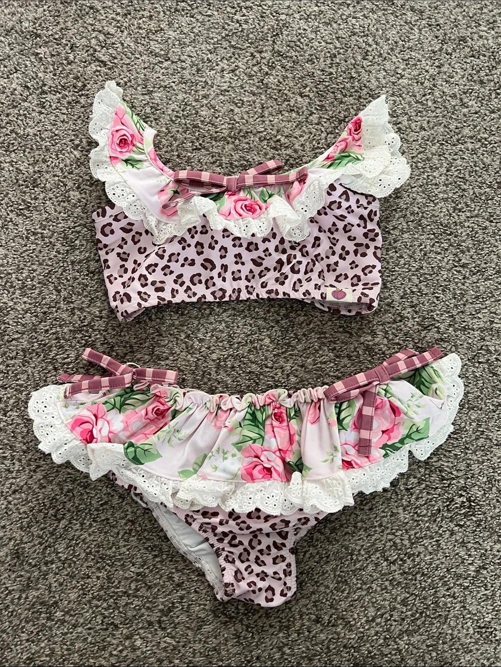 Adorable leopard and floral Cheeky Plum bikini, side 5T